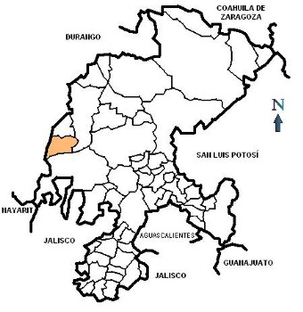 Mapa que ubica al municipio de Jiménez del Téul en el estado de Zacatecas